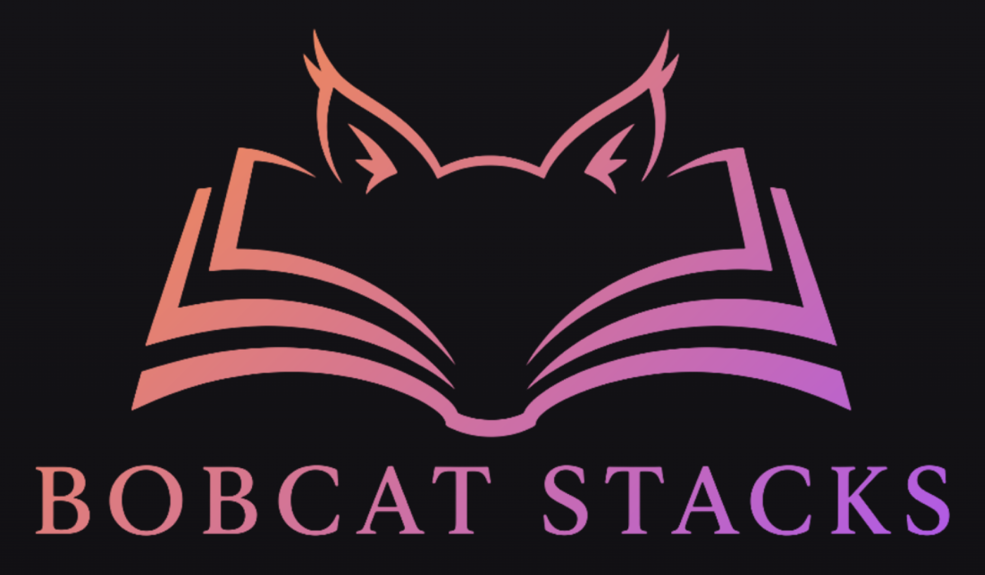 A logo with a stylized open book with a cat's face and ears on top, featuring a gradient pink and purple outline on a black background, with the text "BOBCAT STACKS" below.
