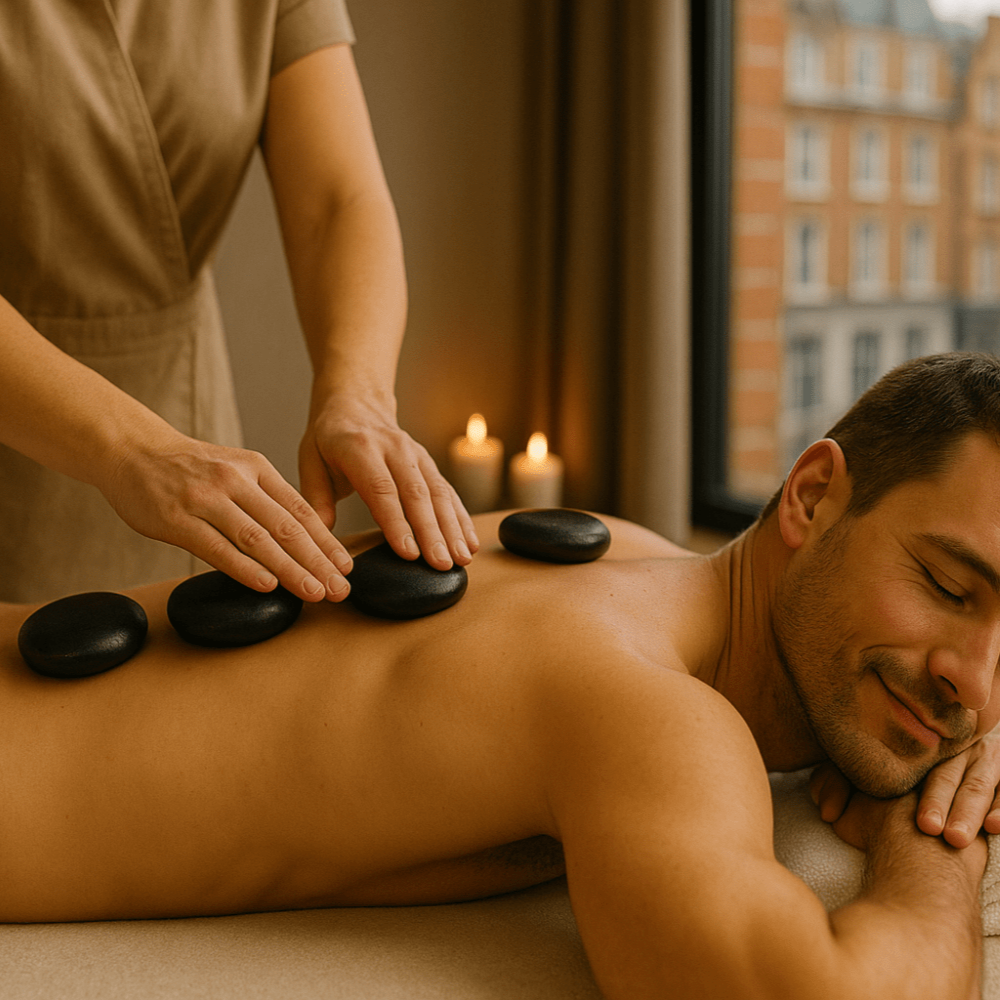 Luxury hot stone back facial combining muscle relaxation with deep cleansing and skin rejuvenation.
