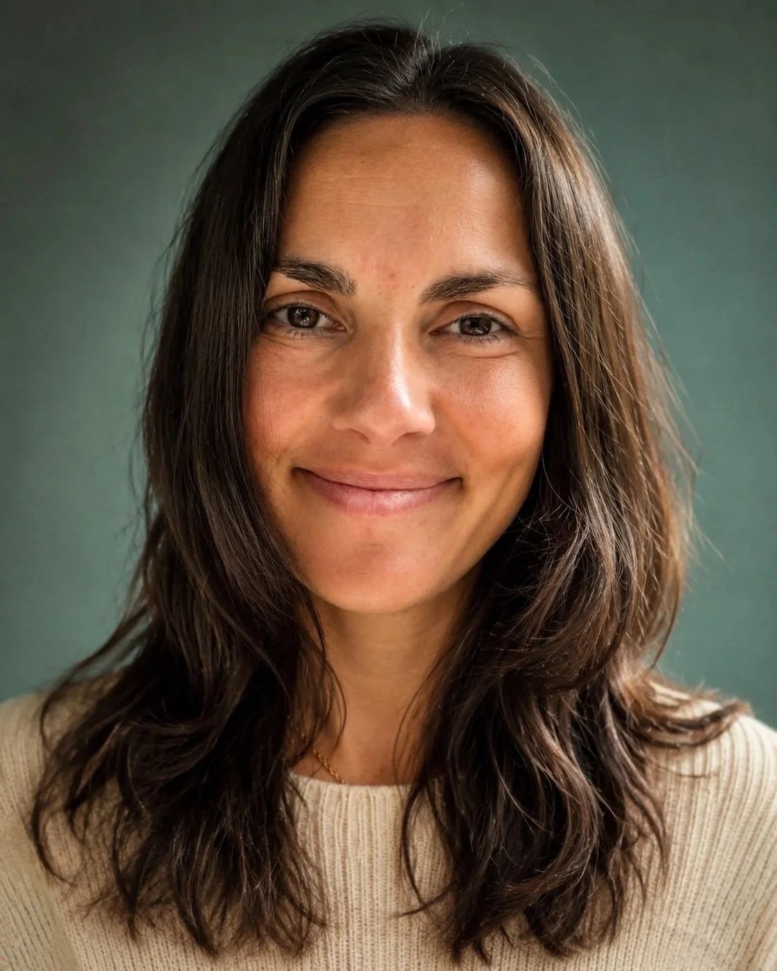 Close-up portrait of a woman with long wavy brown hair, smiling, wearing a beige sweater, against a plain green background.