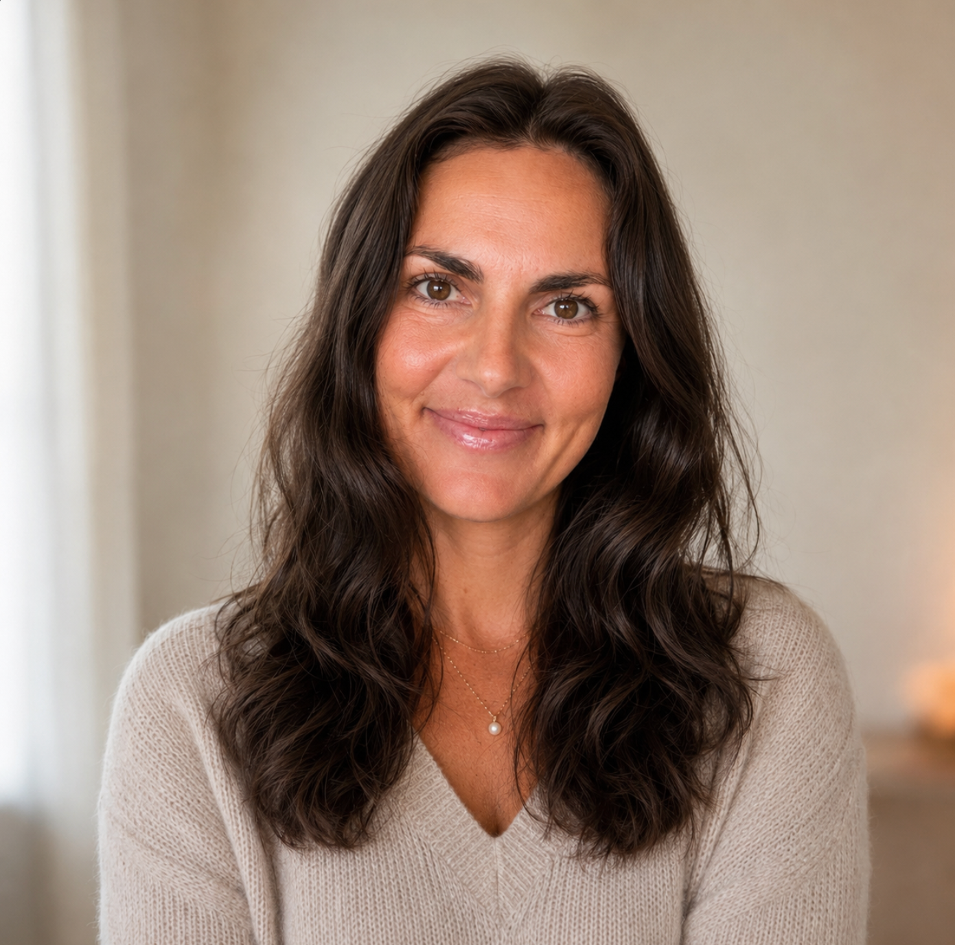A woman with long, dark brown hair, wearing a beige sweater and a pearl necklace, smiling softly at the camera, indoors with a neutral background. Jean Kammer, MA, LMHC. Here I Am Counseling