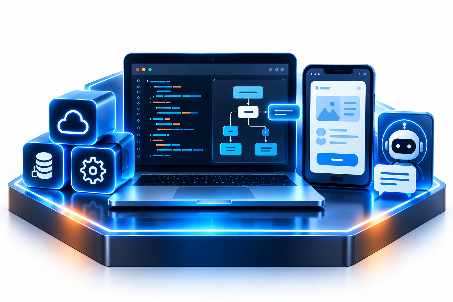 Digital illustration of a laptop and three smartphones displaying coding, flowchart, and chat interfaces, surrounded by glowing icons representing cloud storage, database, settings, AI robot, and messaging.