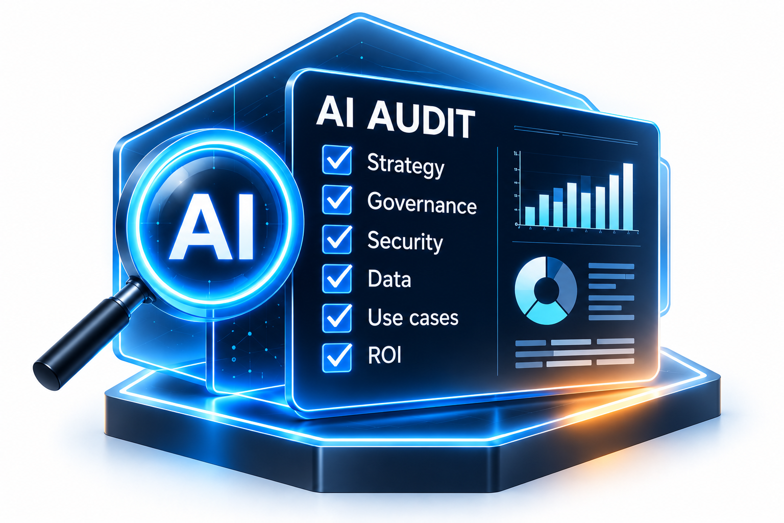 Digital illustration of AI audit process with checklist, graphs, and data analysis displays.