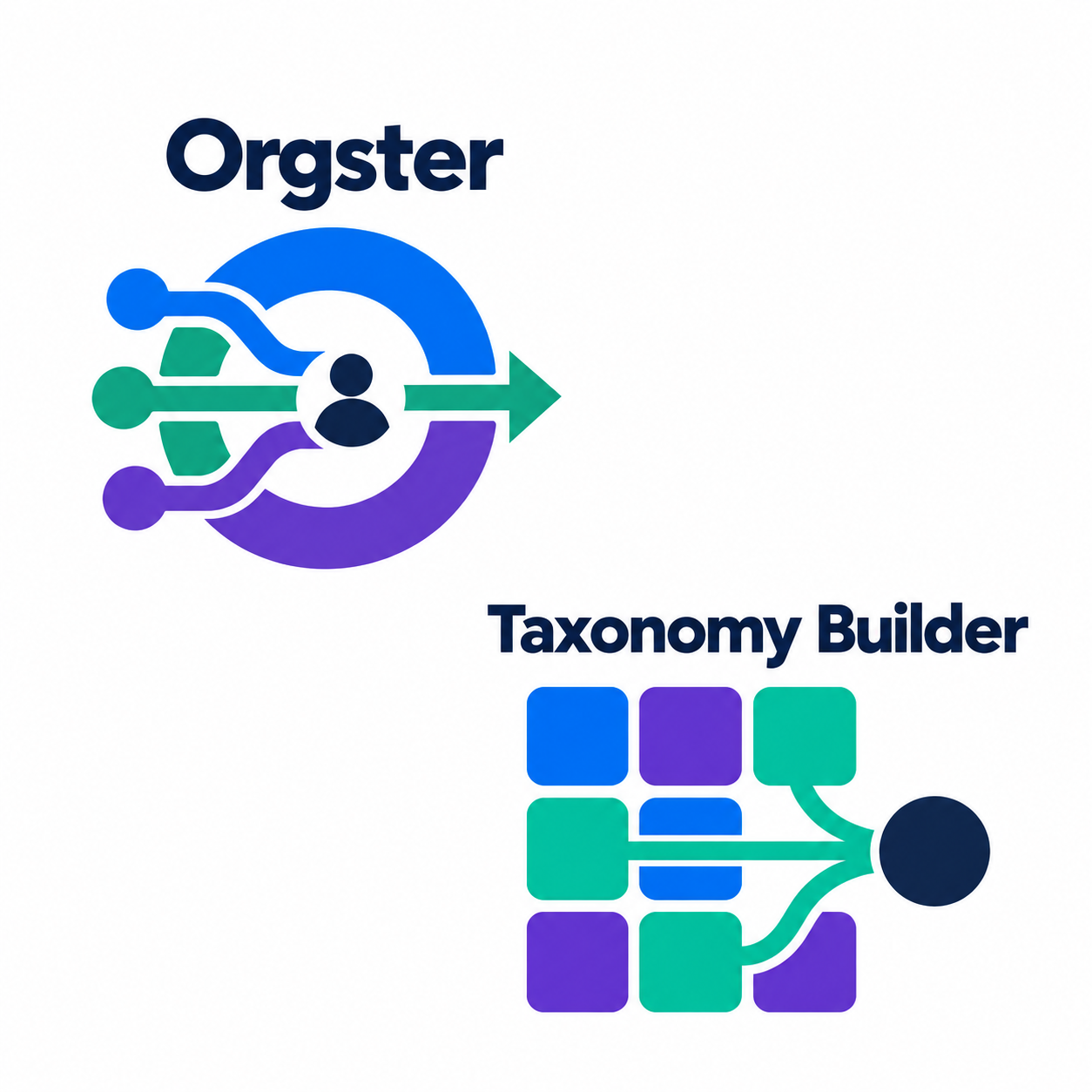 Logo for Orgster Taxonomy Builder featuring a stylized icon with interconnected shapes and an arrow, with text 'Orgster' above and 'Taxonomy Builder' below.
