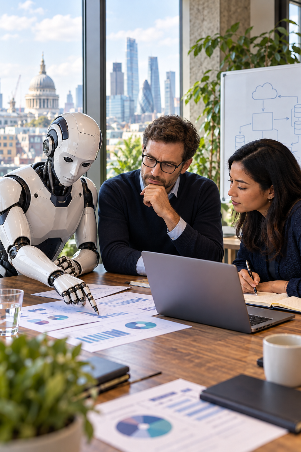 Three people are in a meeting room with a robot; they are looking at documents and a laptop, discussing data or charts, with city skyline visible through window.