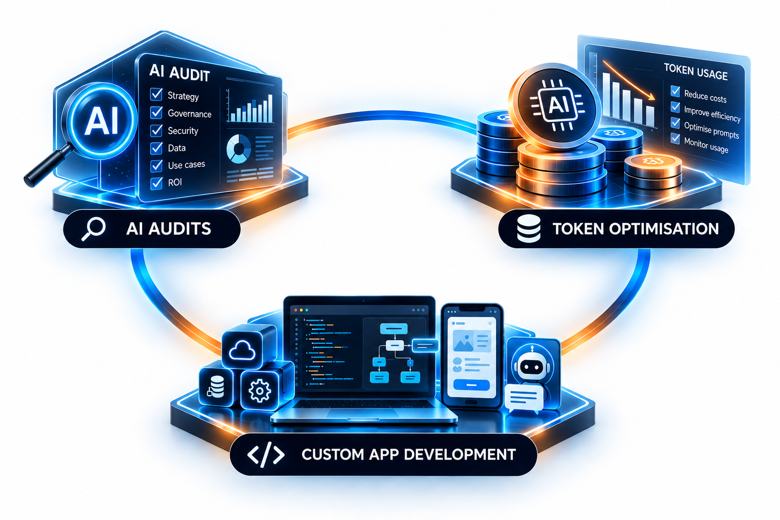 Digital infographic illustrating AI audit, token optimization, custom app development, with interconnected icons and data charts in neon blue and orange tones.