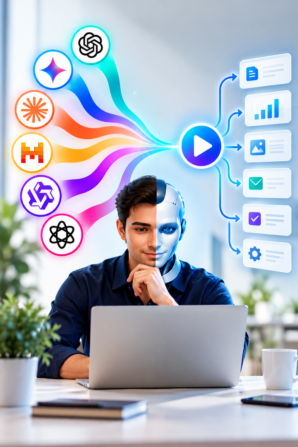 A young man working on a laptop with digital graphics indicating artificial intelligence and machine learning concepts, including icons for data, analytics, images, emails, checklists, and tools.
