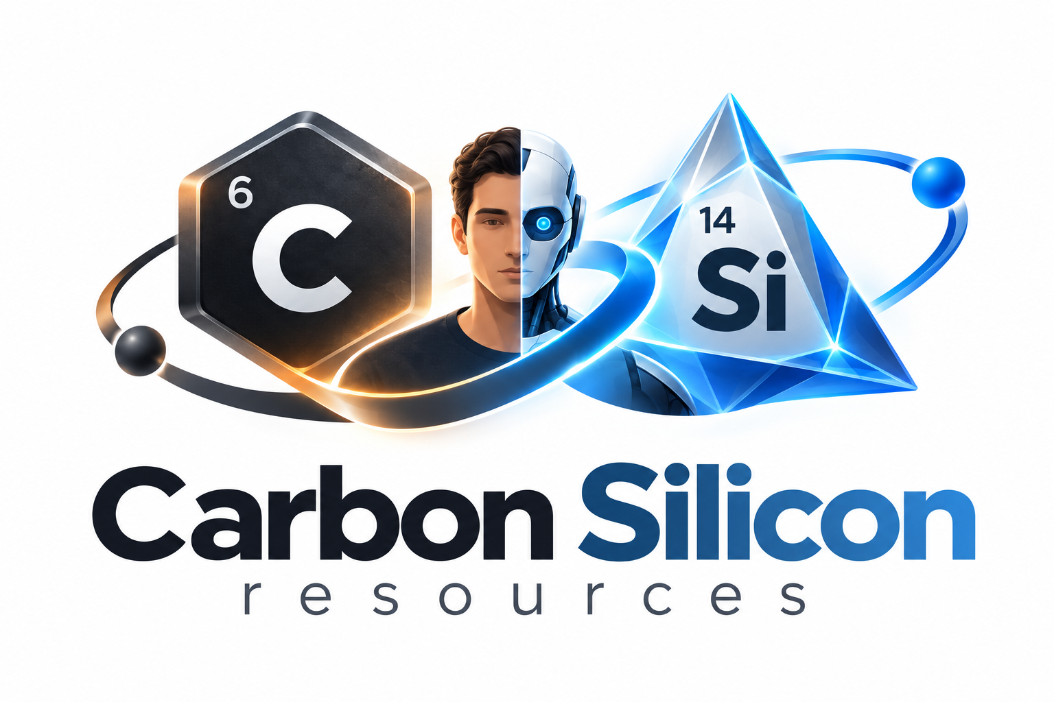 Graphics depicting the integration of human and artificial intelligence, including a human face half-human and half-robotic, surrounded by chemical element symbols for carbon and silicon, representing advanced resource technologies.