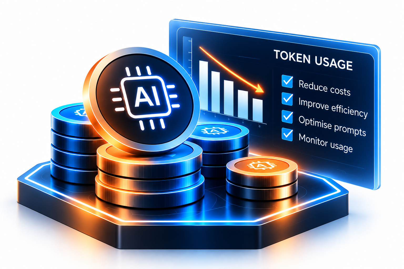 Digital illustration of cryptocurrency coins with AI symbol and a graph showing decreasing token usage, alongside a checklist for AI benefits.