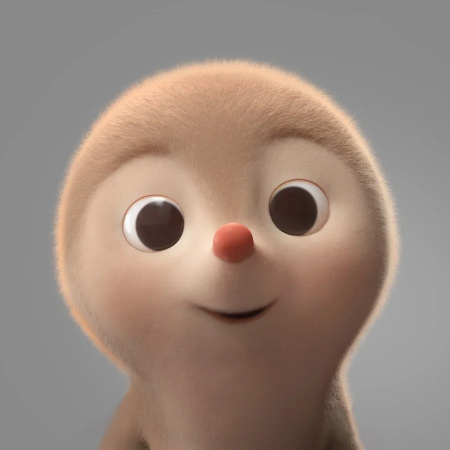 A cute animated character with a rounded head, large eyes, a small red nose, and a subtle smile, set against a plain gray background.
