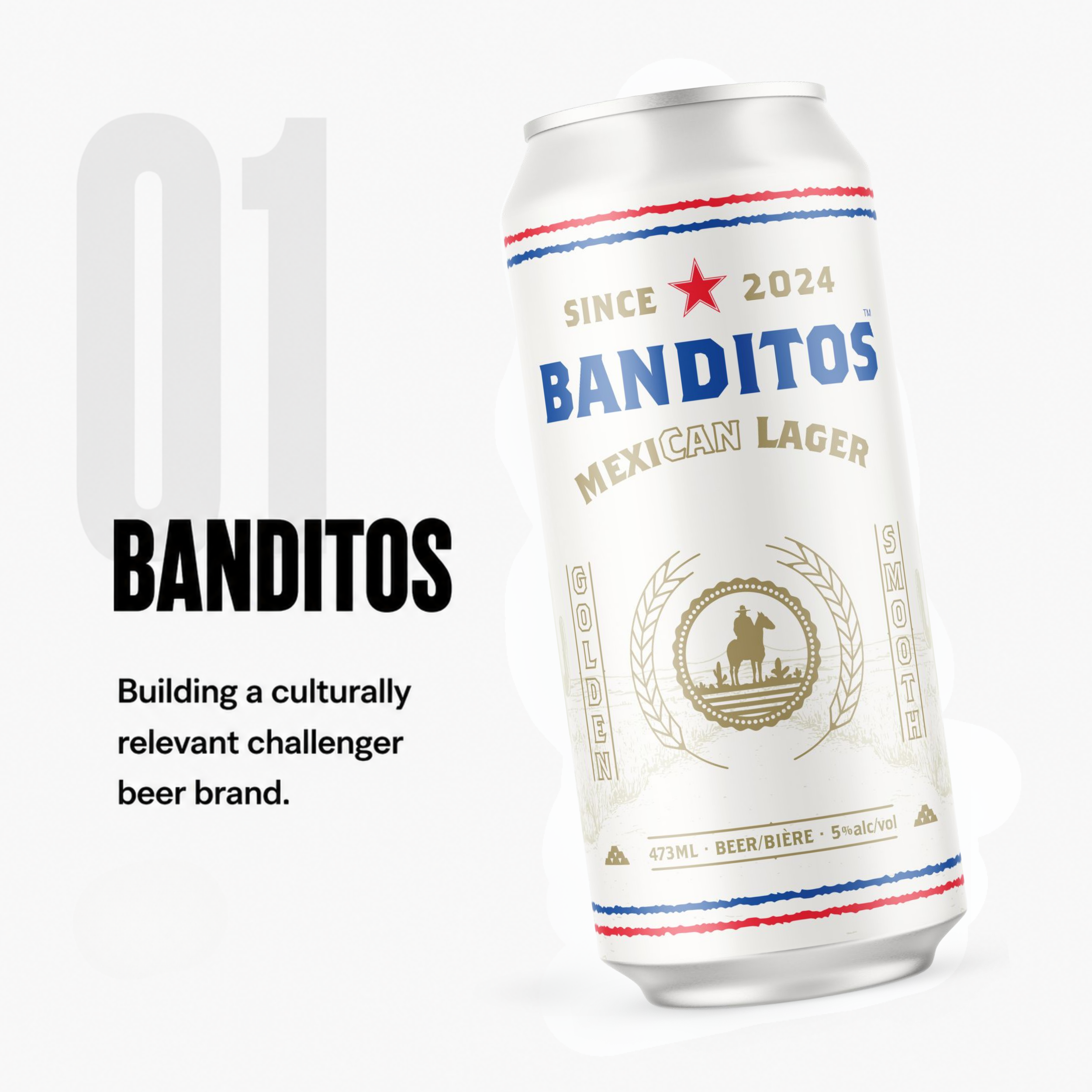 A white can of Banditos Mexican Lager with red and blue stripes and a red star logo, partially visible against a white background.