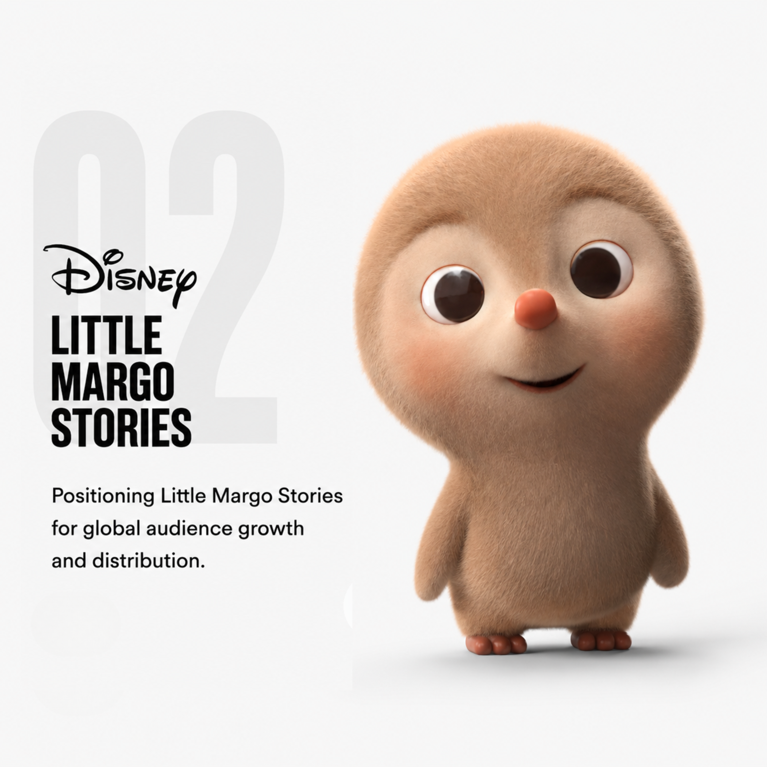 Close-up of a plush toy character with big eyes, a small orange nose, and light brown fuzzy hair, standing on a white background featuring black text and the Disney logo.