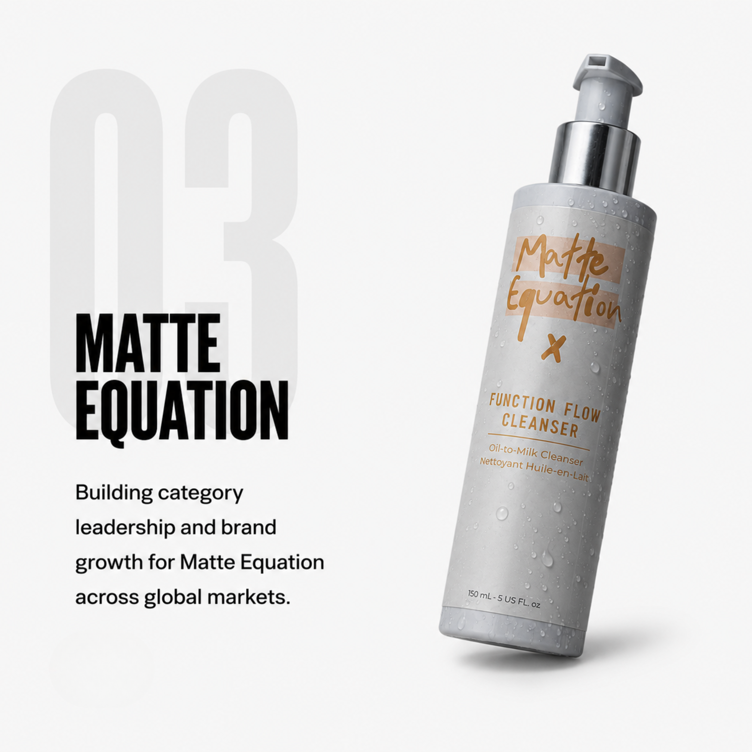 A white bottle with a pump dispenser labeled 'Matte E' as part of a skincare or cosmetic product, with water droplets on its surface and a plain light background.