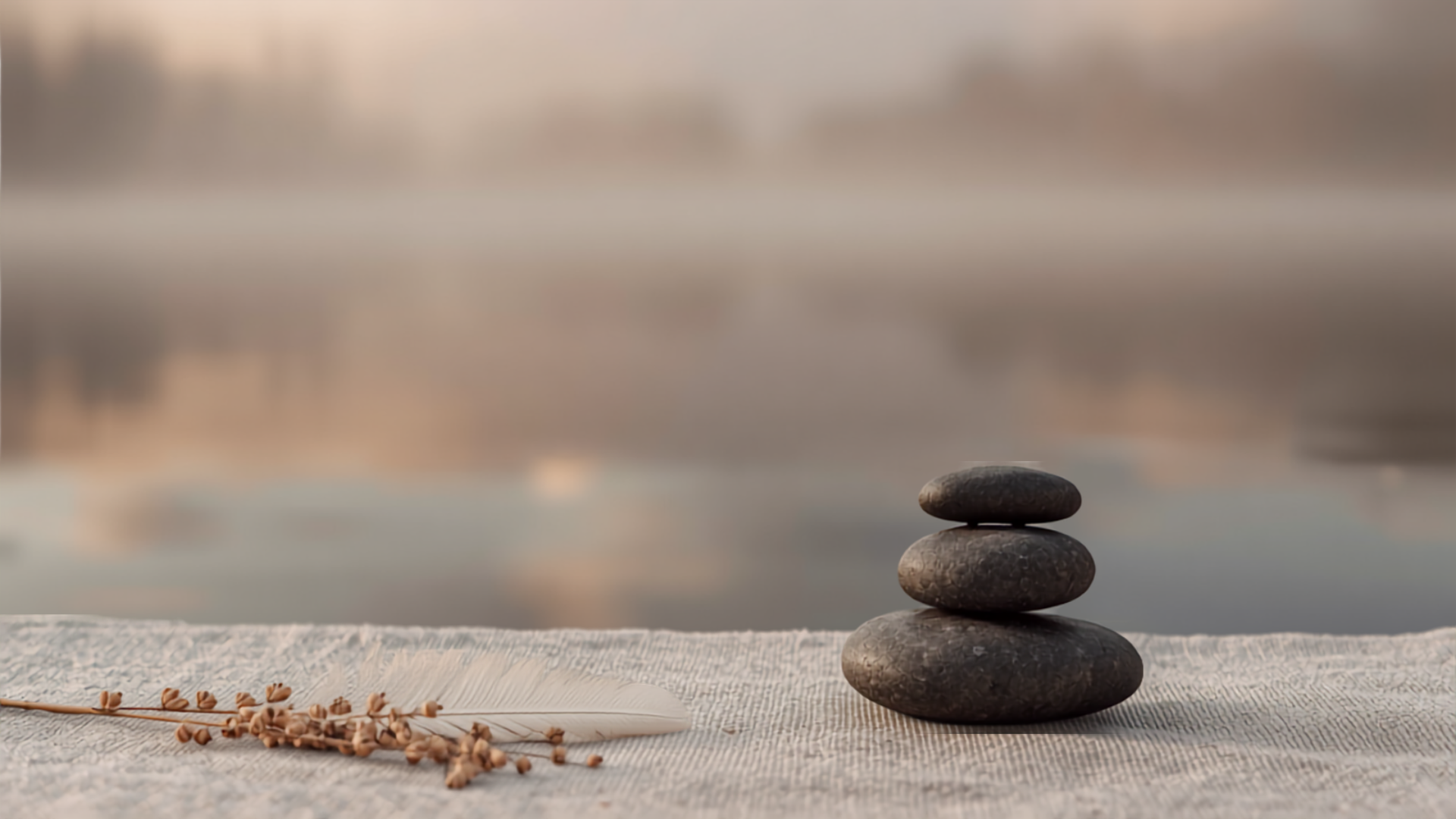 Stacked stones on a textured surface with a blurred background, a dried plant with small seed pods lying nearby.