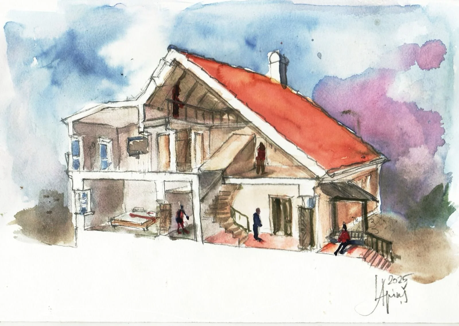 Watercolor painting of a two-story house with a red roof, multiple balconies, stairs, and five people on the property, with trees and a blue sky in the background.