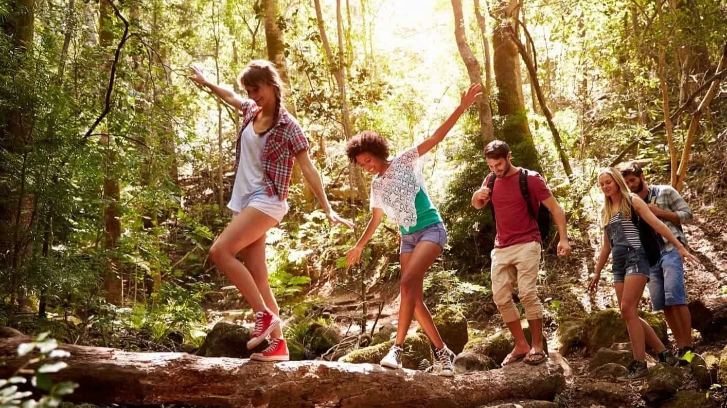 Group of six young adults, three women and three men, crossing a stream on a fallen log in a sunlit forest.