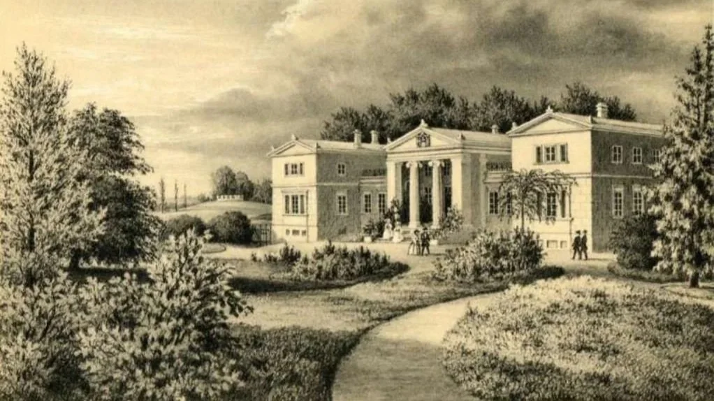 A vintage black-and-white illustration of a large, classical-style mansion with columns, surrounded by trees and a winding pathway.