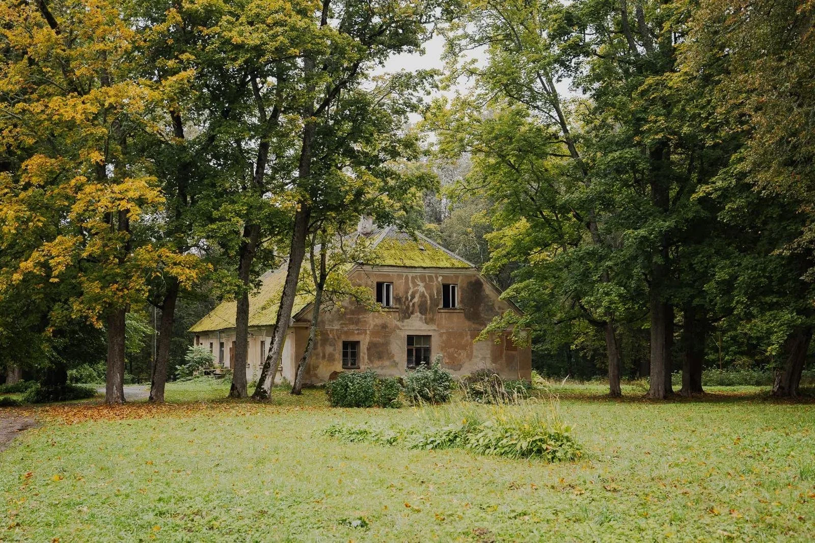 An old house with a moss-covered roof, surrounded by trees with green and yellow leaves, and a grassy yard in the foreground.