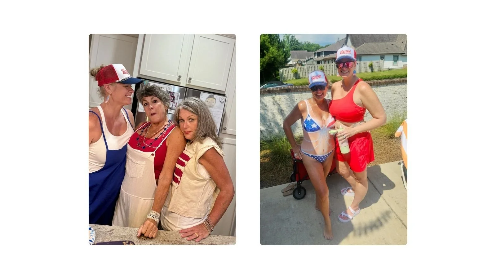 Fourth of July photo collage featuring friends laughing together in a kitchen during a neighborhood party and two women wearing patriotic swimsuits and matching rhinestone BRAVE hats by the pool.