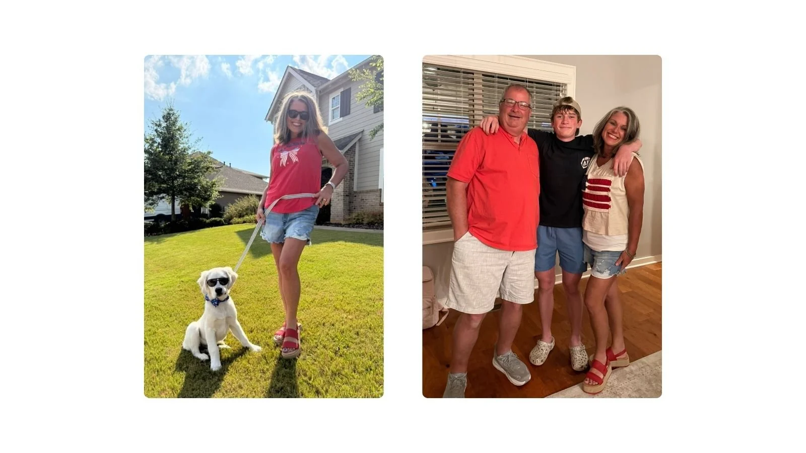 Fourth of July photo collage featuring Murphy the golden retriever in patriotic sunglasses alongside a family photo from the holiday celebration.