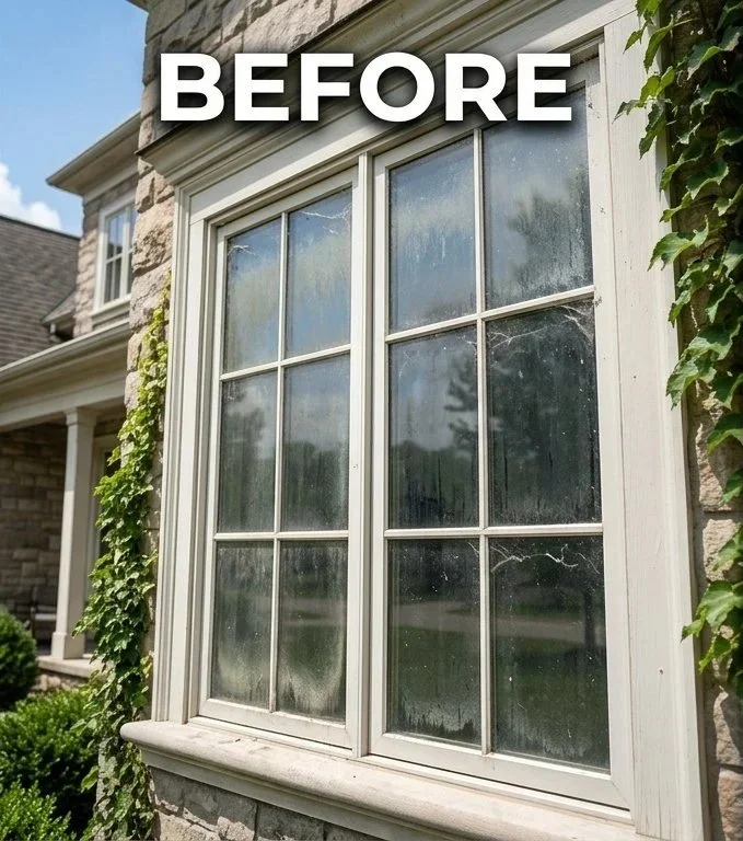 Dirty window on a house with grime and spider webs. (The before photo).
