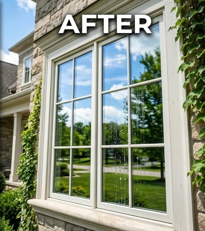 A clean, newly washed window with water droplets on the glass, reflecting a blue sky with clouds, green trees, and a well-maintained lawn outside. (The after photo).