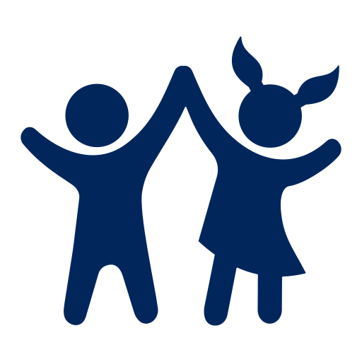 Silhouette of two children, a boy and a girl, holding hands and smiling.