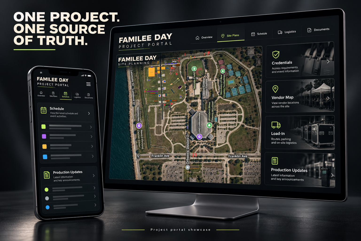 Project portal showcase mockup based on the Familee Day portal: plans, schedules, logistics, credentials and updates in one place.