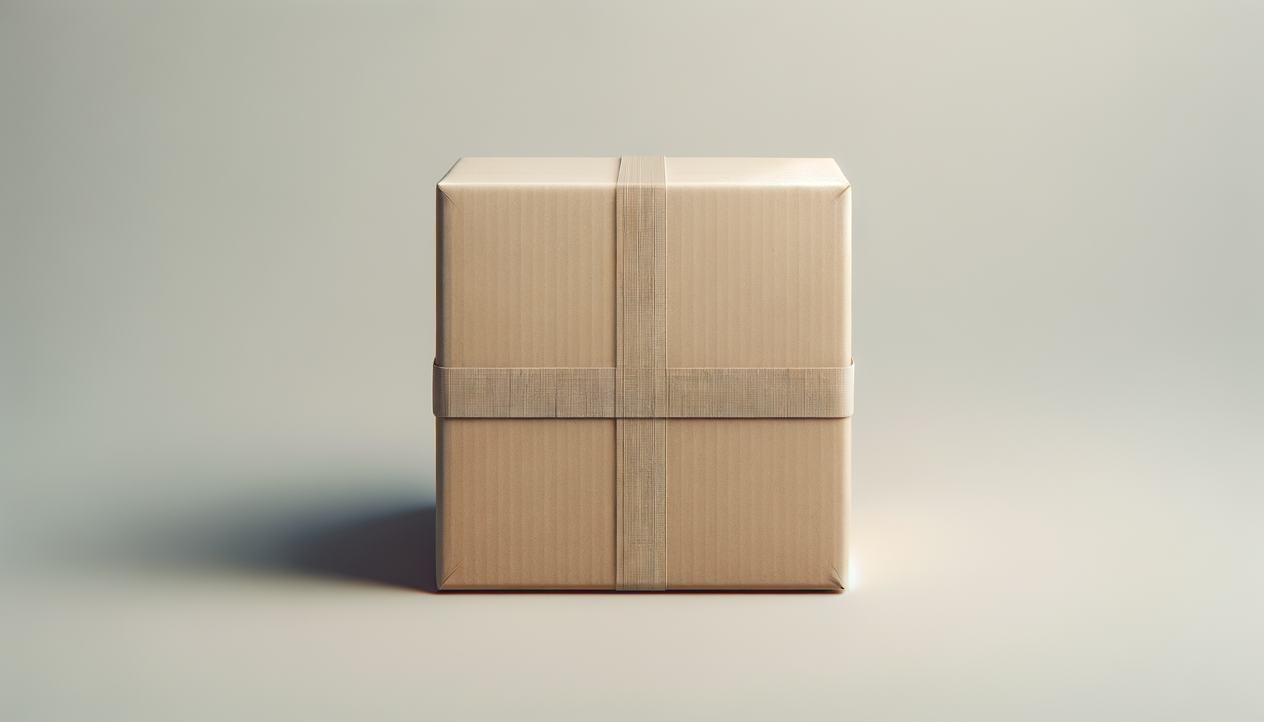 A plain beige wrapped gift box with a vertical and horizontal ribbon crossing each other, placed on a light background with soft shadows.