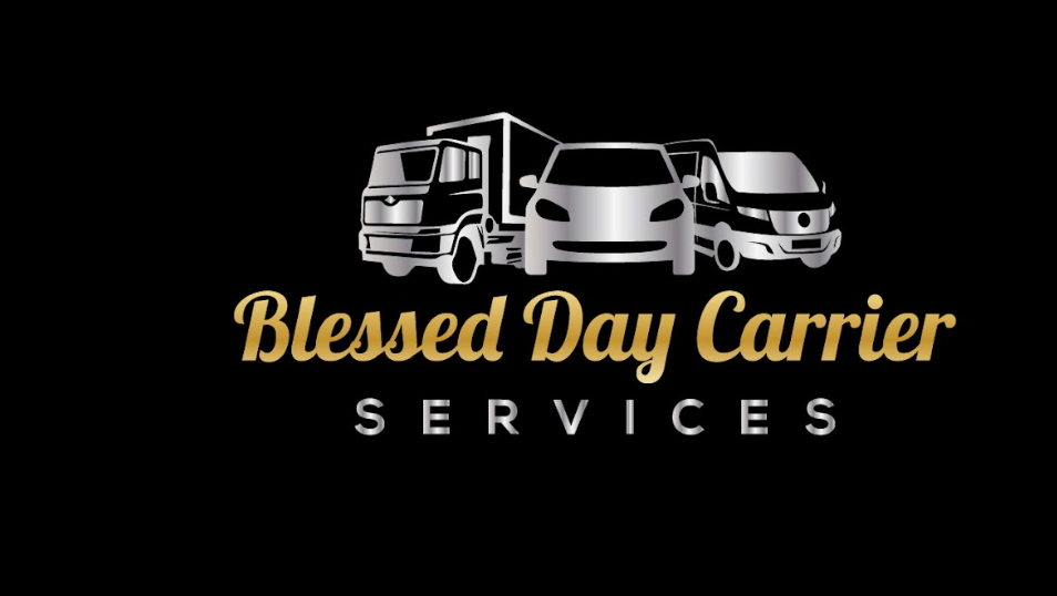 Logo for Blessed Day Carrier Services featuring illustrations of a truck, a car, and a van.