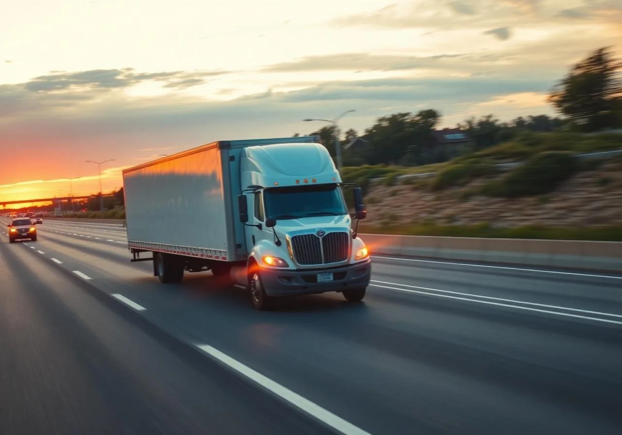 A white semi-truck driving on a highway during sunset, with other cars visible in the background and trees along the roadside.