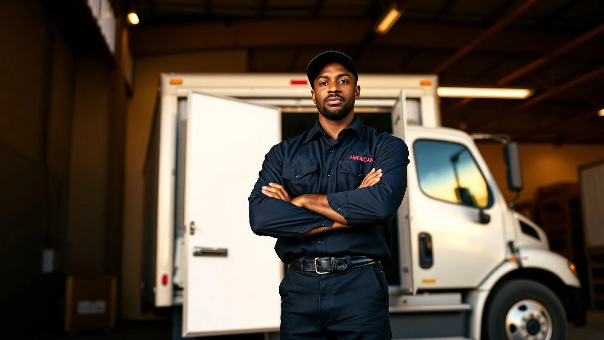 A man with crossed arms standing in front of a white delivery truck inside a warehouse, wearing a navy uniform with 'AMERICAN' embroidered on the shirt, and a black cap.