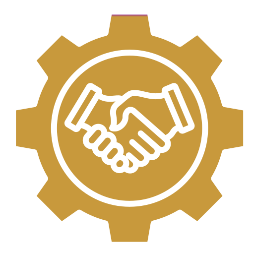 A gear icon with a handshake symbol inside.