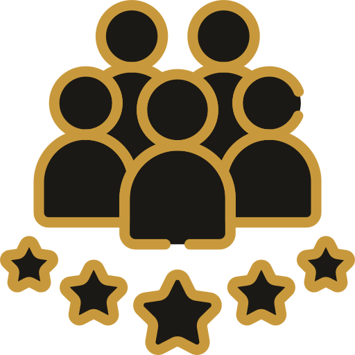 Icon of a group of six people with five gold stars below, representing teamwork or excellence.
