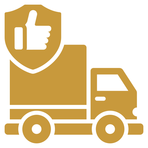 A delivery truck with a shield symbol displaying a thumbs-up icon, representing approval or quality assurance.