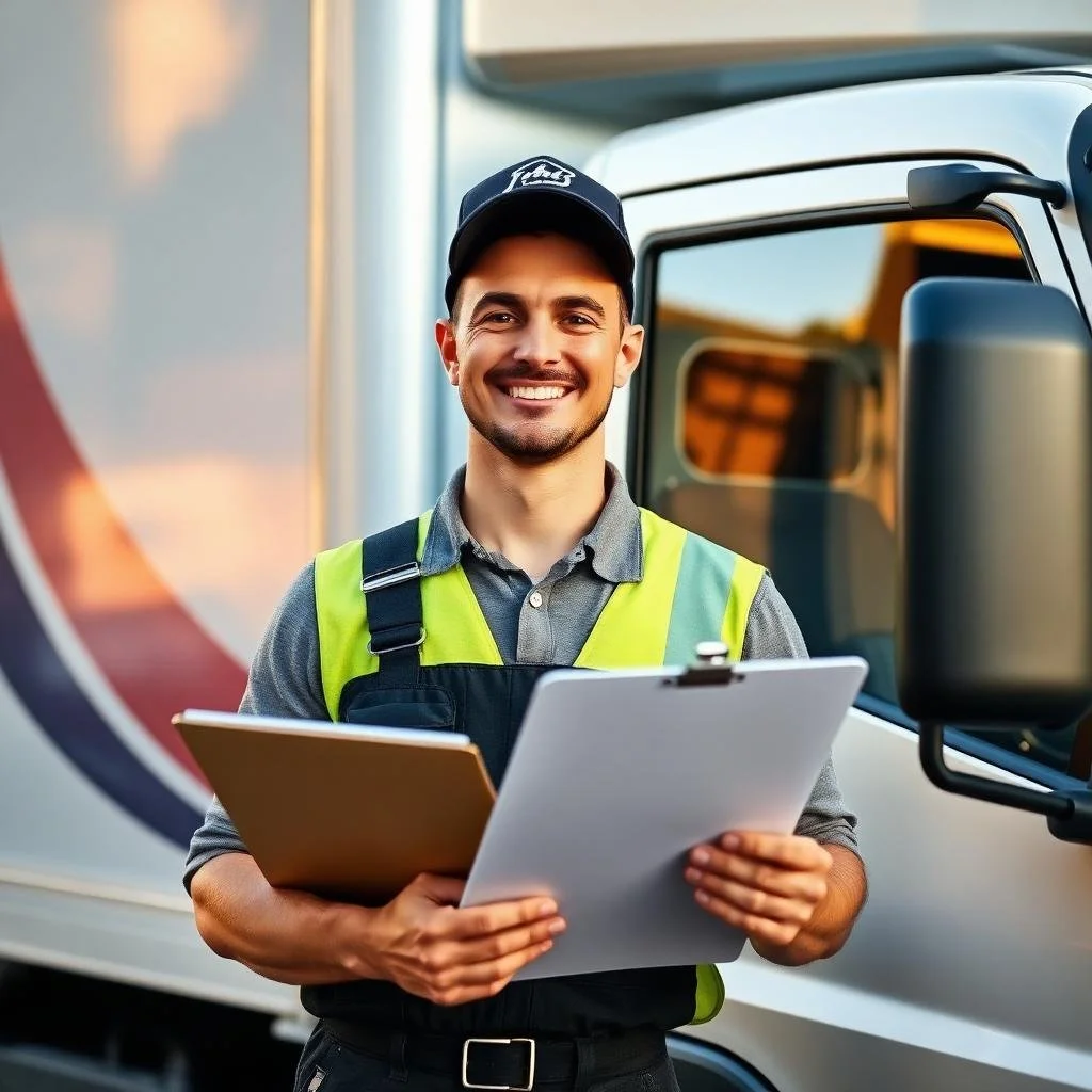 A smiling man wearing a baseball cap and a reflective safety vest, holding a clipboard and a tablet, standing in front of a large truck.