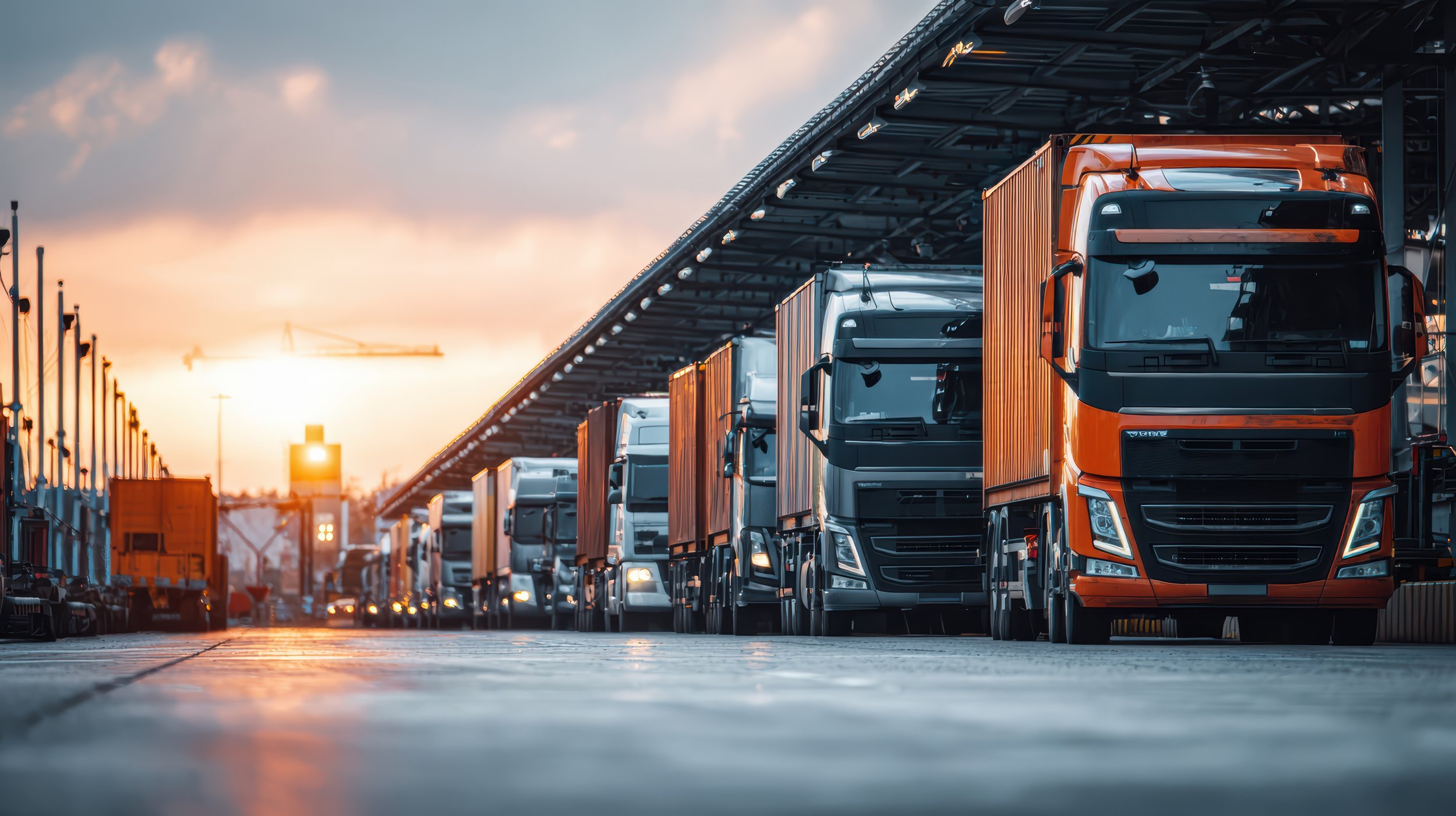 Multiple trucks parked in a lot during sunset with a large warehouse structure overhead.