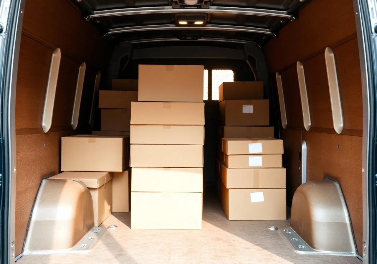 Back of a van loaded with stacked cardboard boxes inside a wooden-lined cargo area.