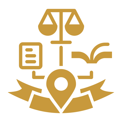 Legal scales, a book, a pen, and a map pin symbolizing law, justice, and legal services.