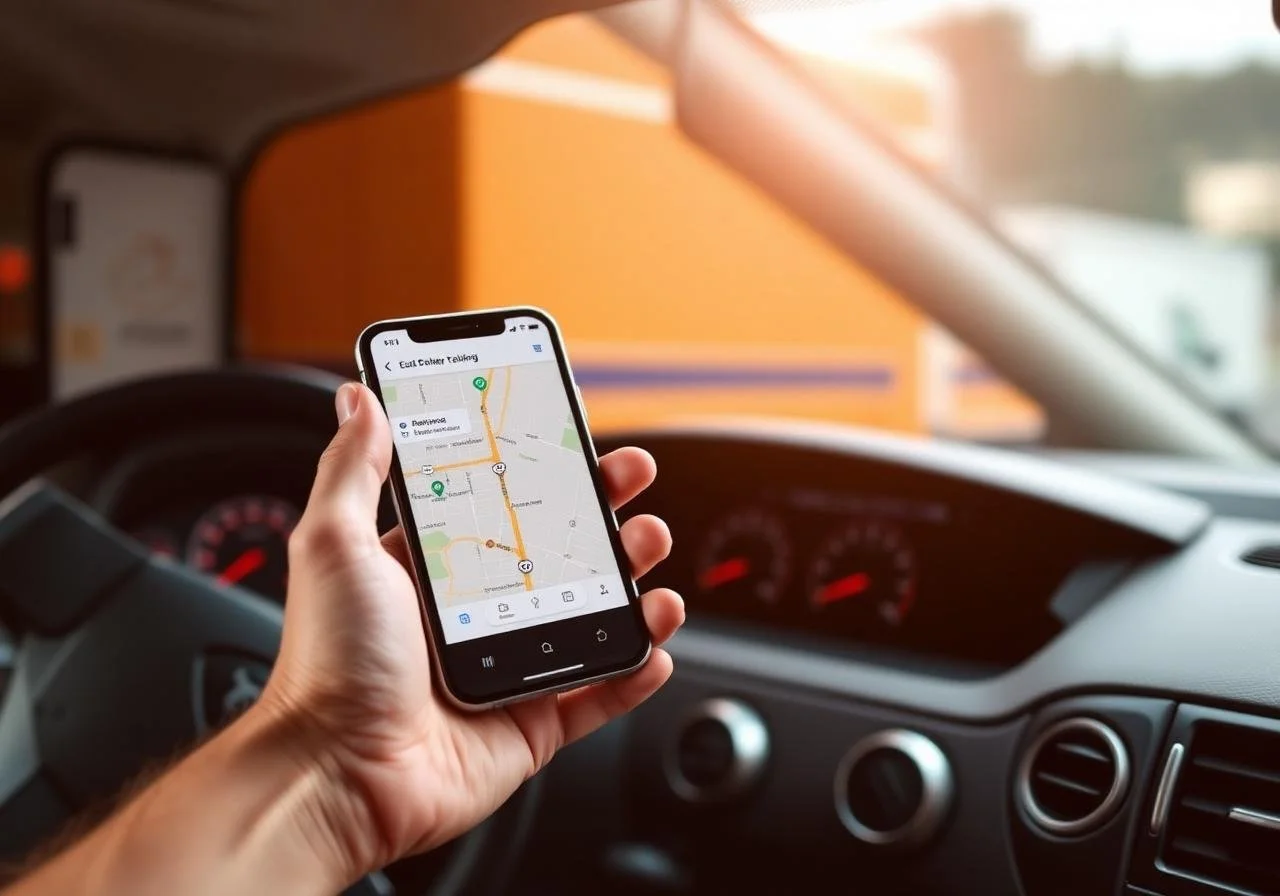 Person holding a smartphone with a navigation app visible, inside a car, with the dashboard and steering wheel in view.