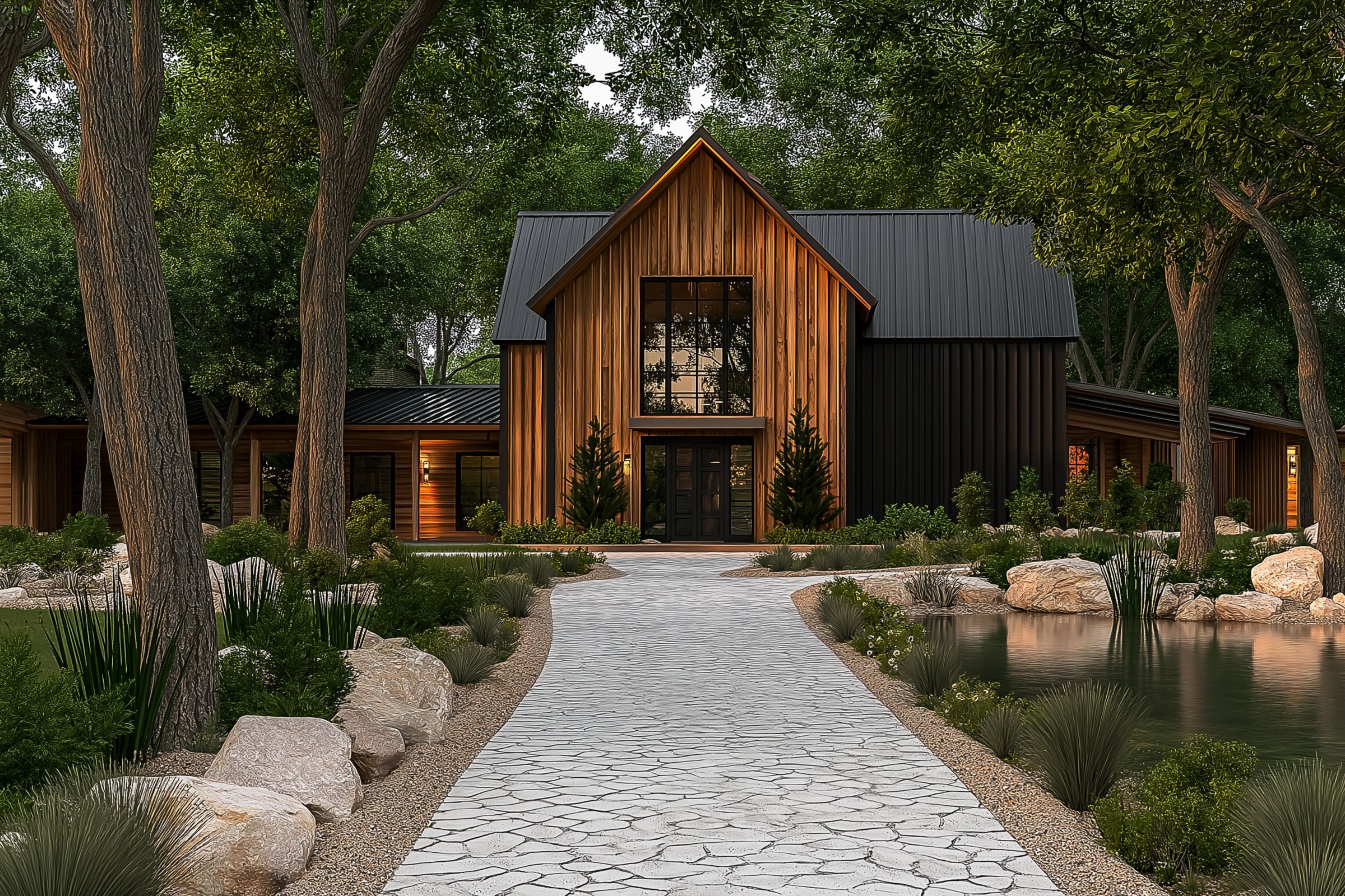 Modern Barndominium with a wood accent exterior front yard landscape
