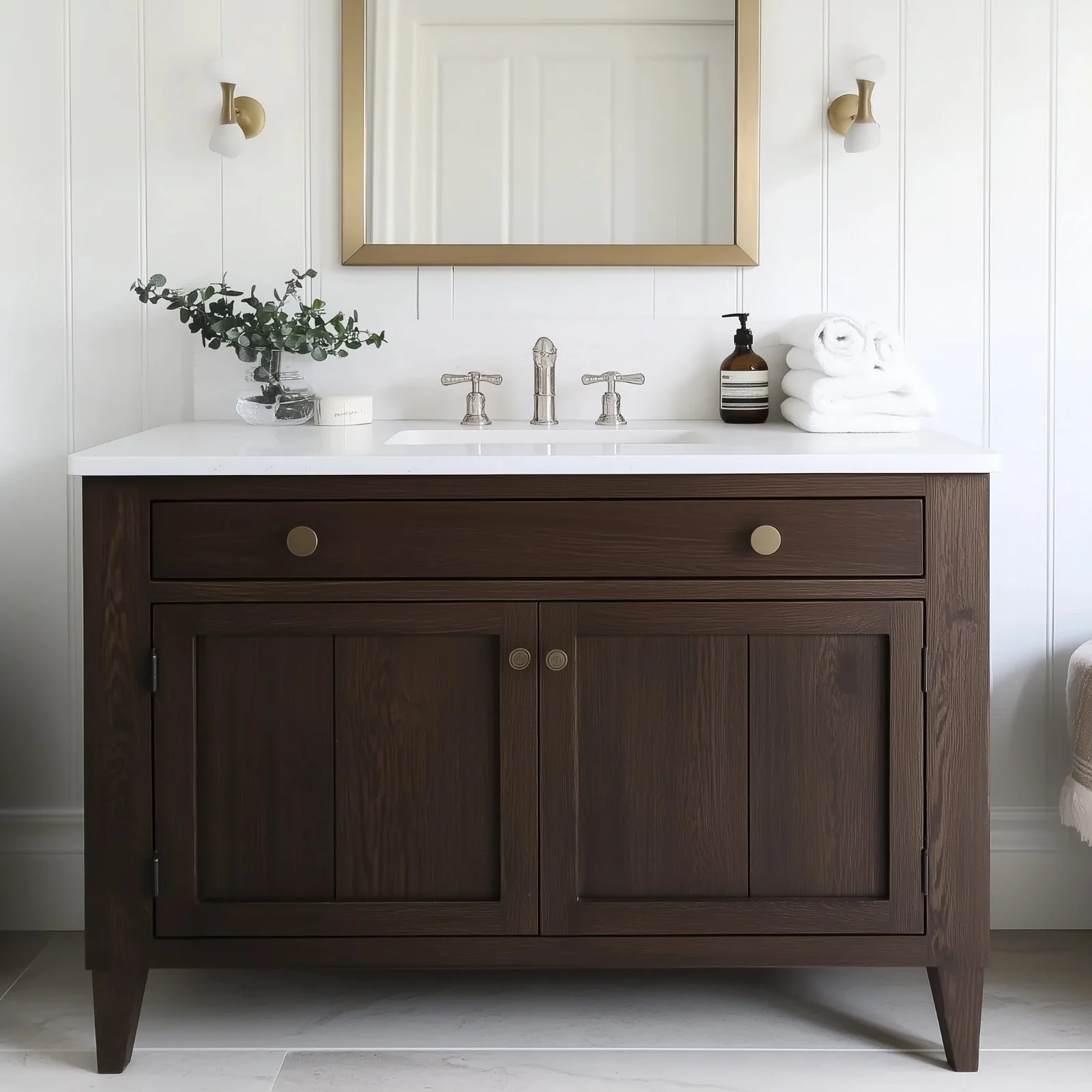 Rustic bathroom vanity design with silver taps and gold mirror