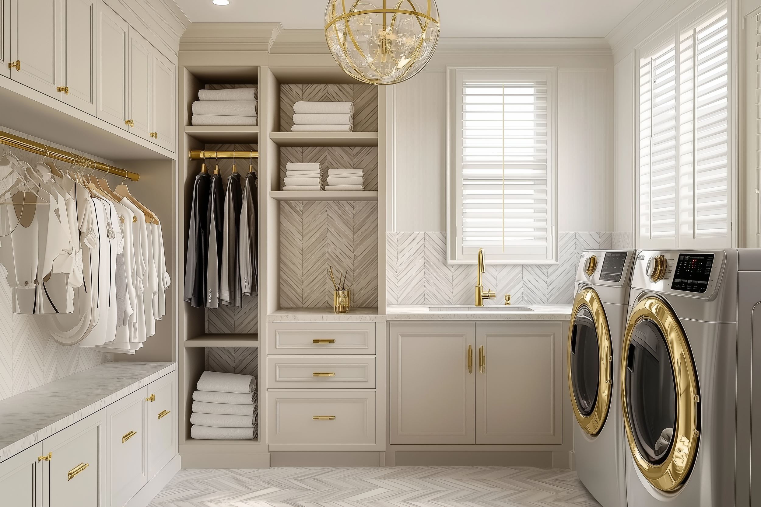 A luxurious laundry room featuring gold-accented washer and dryer units, soft neutral cabinetry with gold hardware, a herringbone tile backsplash, and elegant open shelving with neatly folded linens and hanging space.