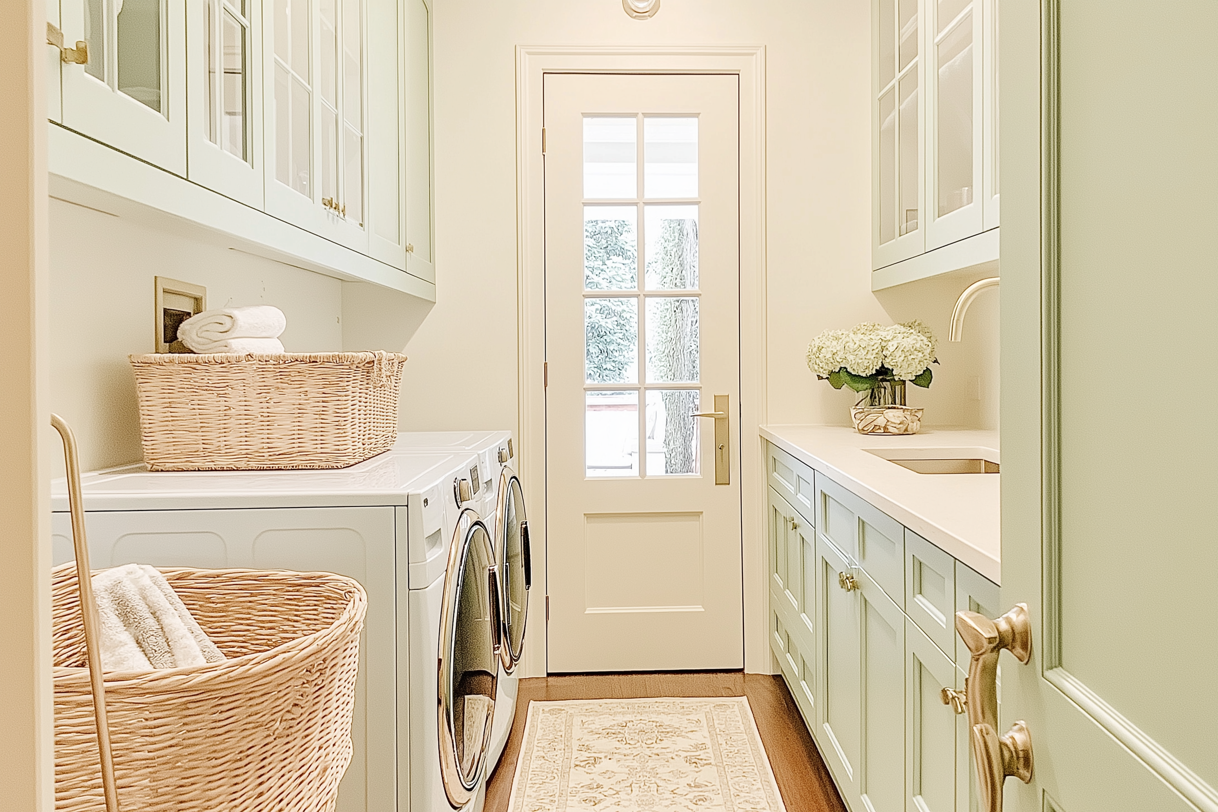 A mint green laundry room featuring glass-front cabinetry, brass hardware, a French door letting in natural light, woven baskets for storage, and a floral arrangement for a fresh touch.