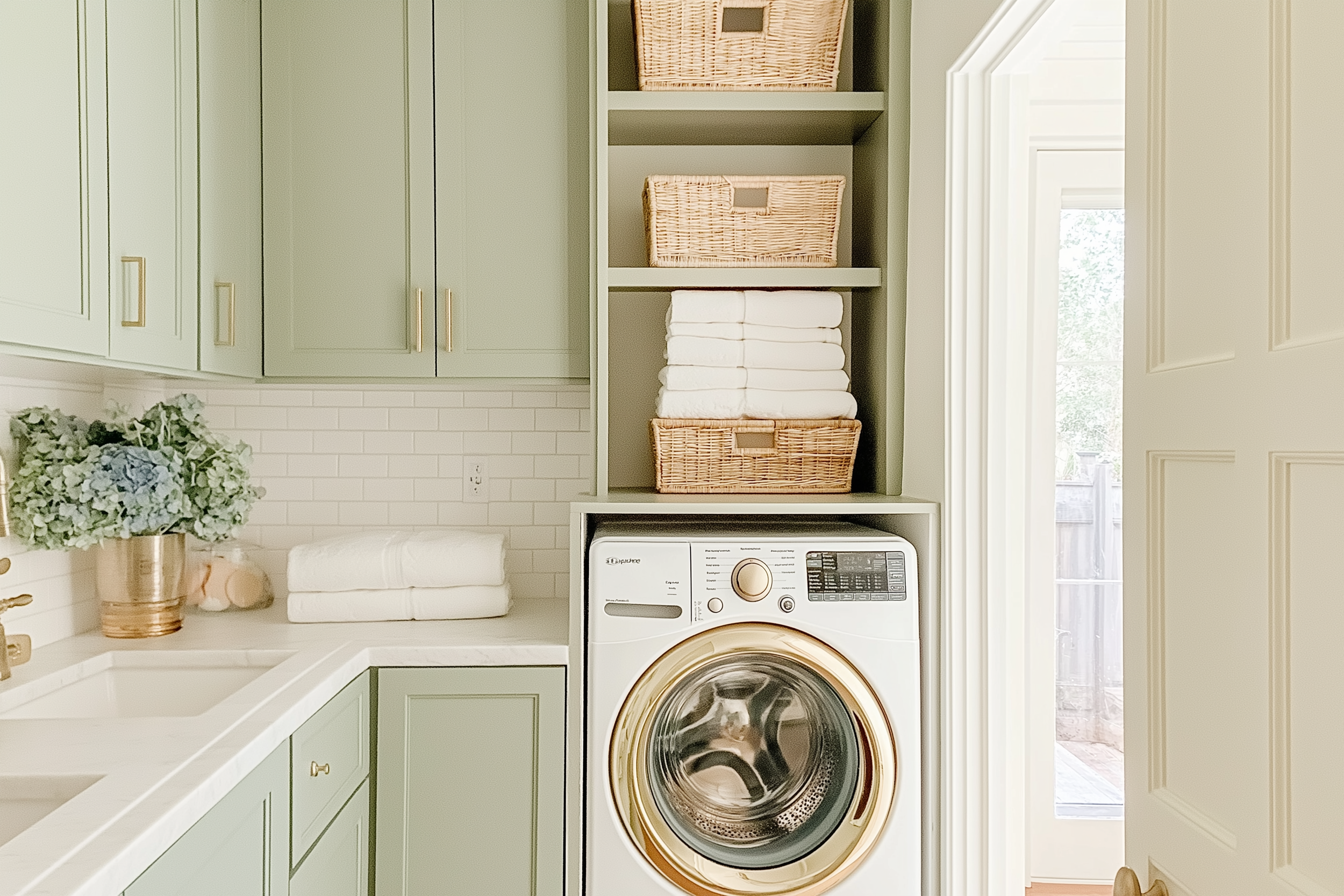 A stylish laundry room with mint green cabinets, gold hardware, a washer with gold accents, woven baskets for storage, and a marble countertop accented by a vase of hydrangeas.