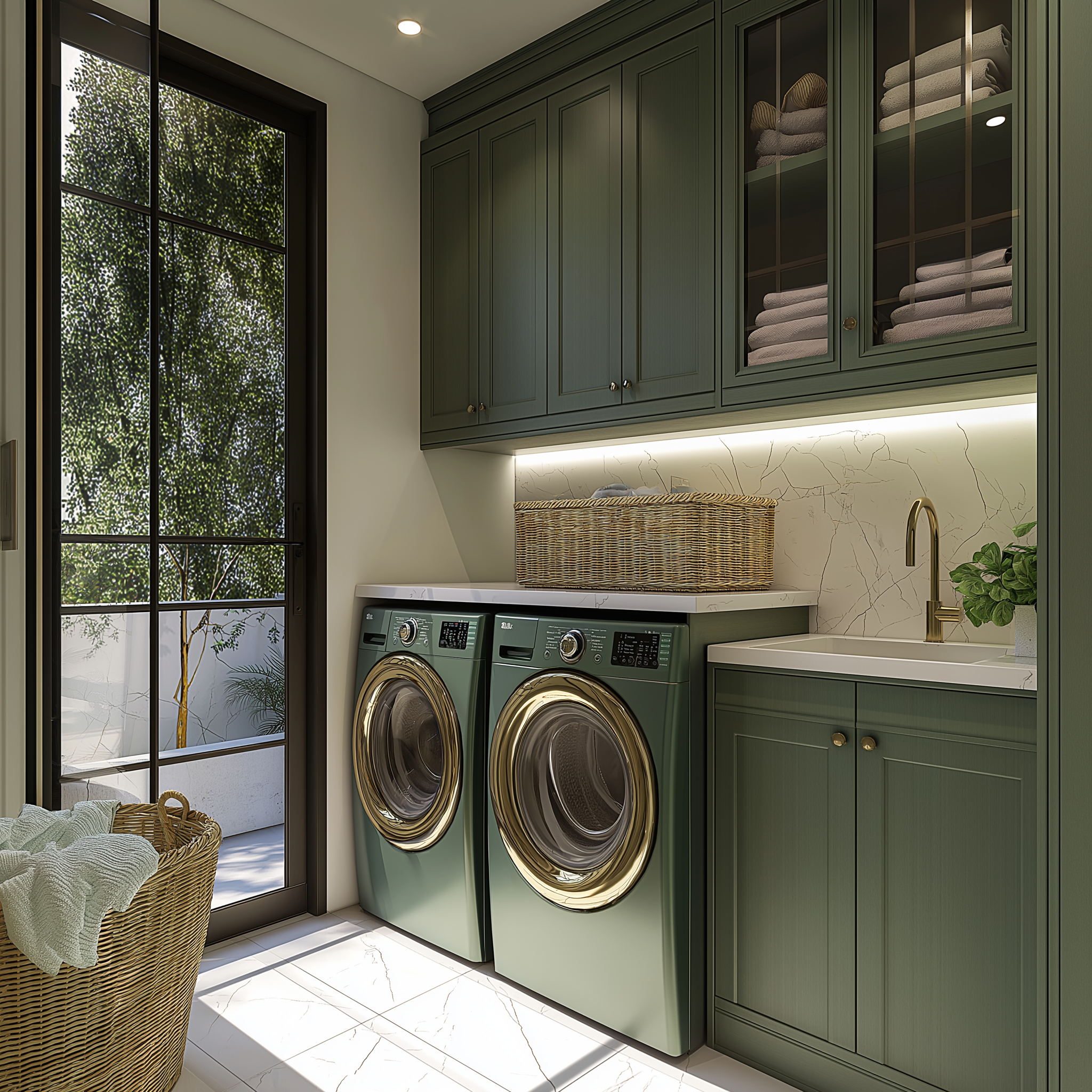 A luxurious laundry room with green cabinetry, gold hardware, marble backsplash, under-cabinet lighting, and a large window overlooking greenery.