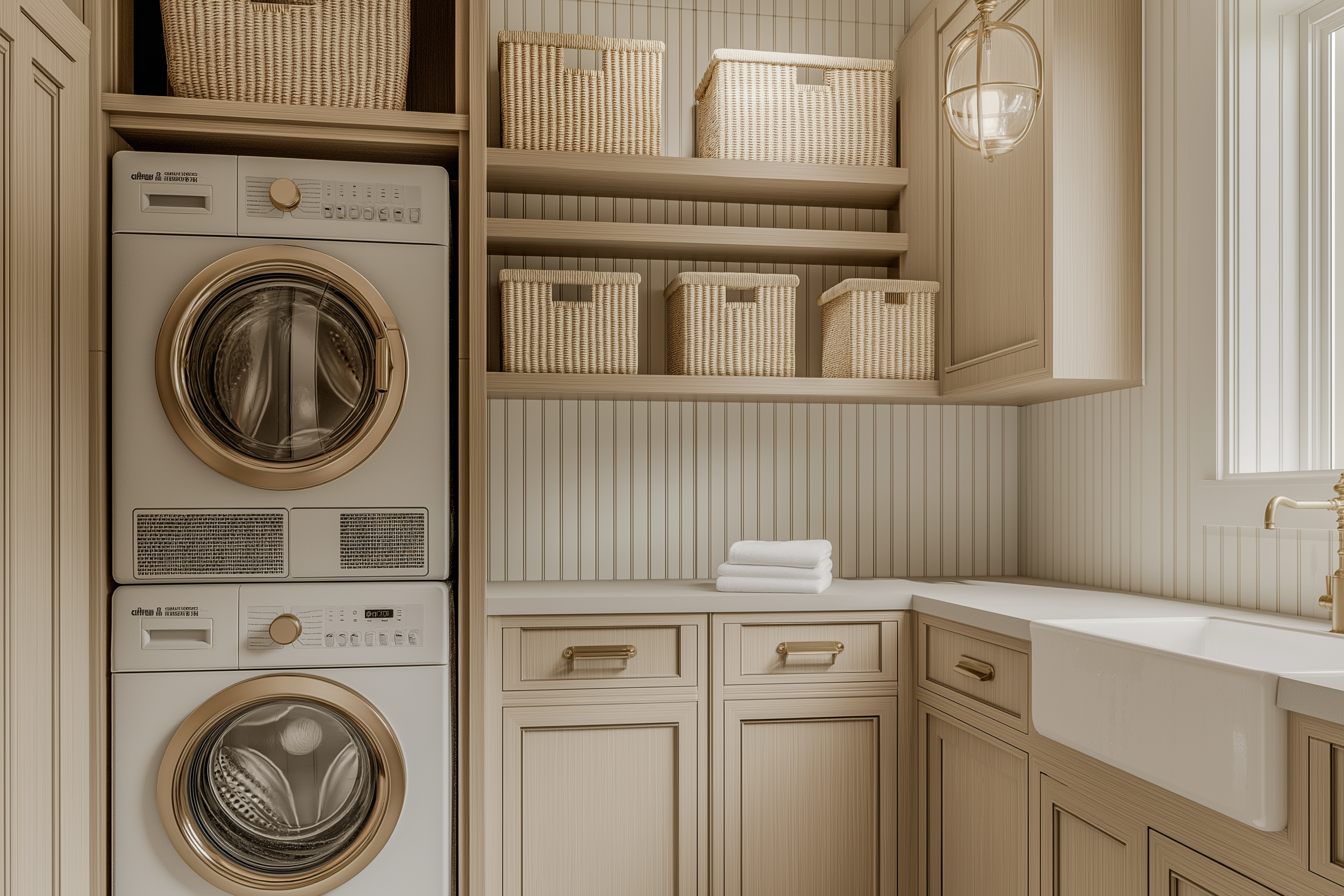 A cozy and elegant laundry room with beige cabinetry, gold hardware, stackable washer and dryer, woven storage baskets, and a farmhouse sink.