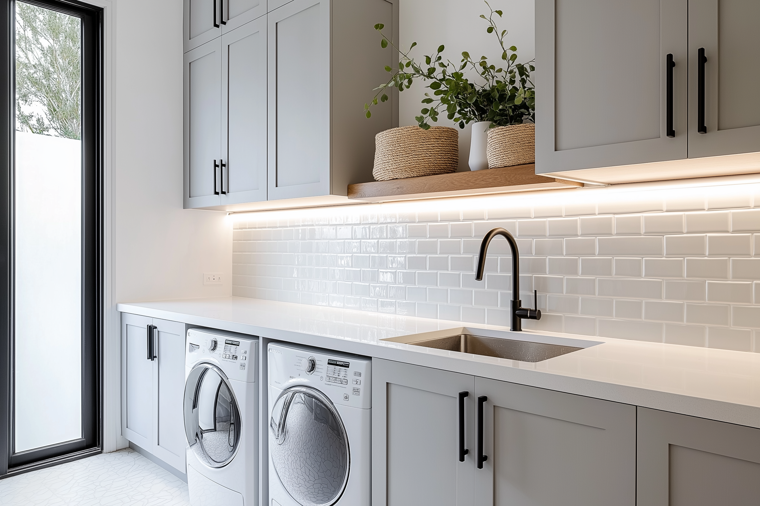 A modern laundry room with soft gray cabinets, black hardware, white subway tile backsplash, under-cabinet lighting, and a wood shelf with decorative woven baskets.