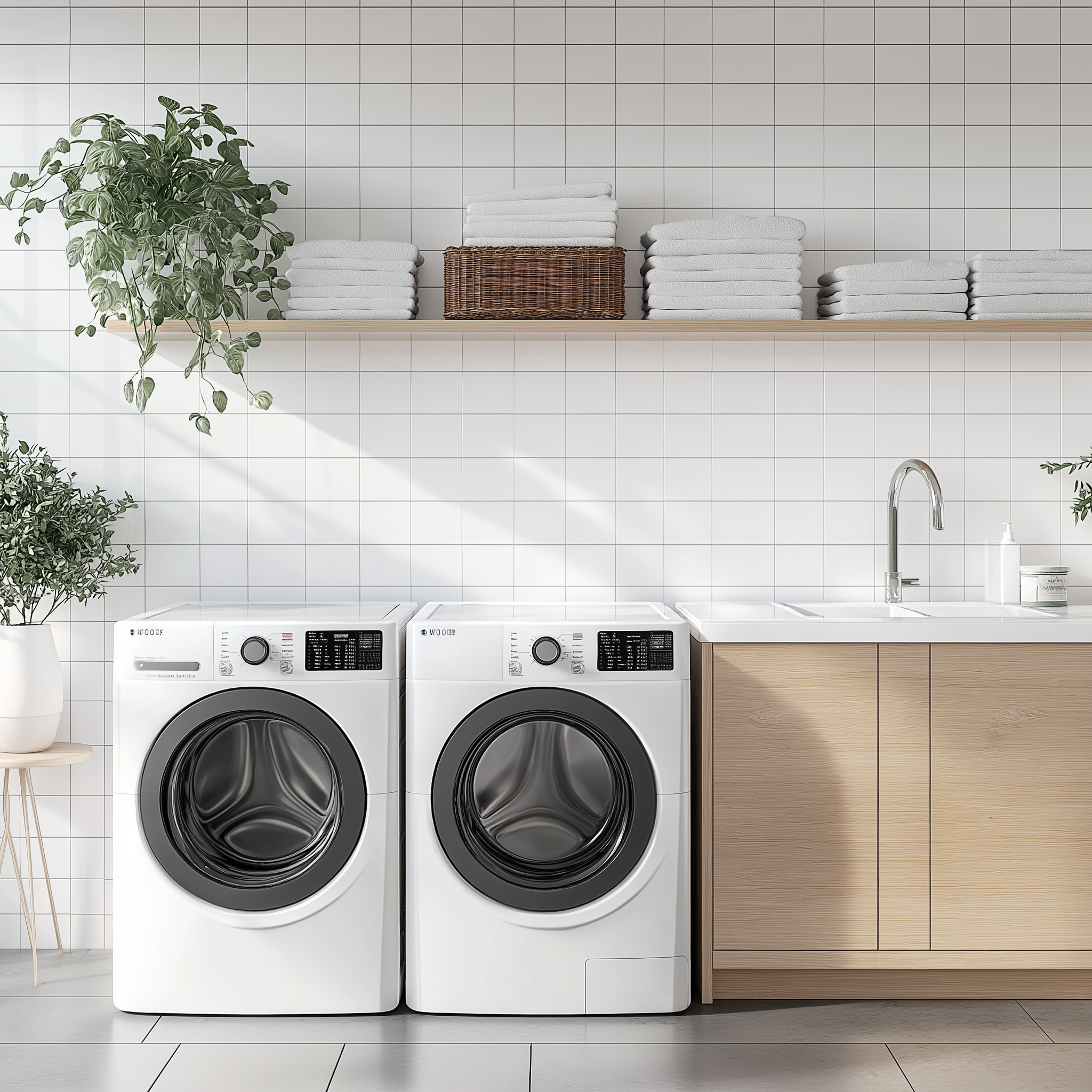 A bright and minimalist laundry room featuring a white tile backsplash, light wood cabinetry, an open shelf with folded towels and a woven basket, and greenery for a fresh touch.