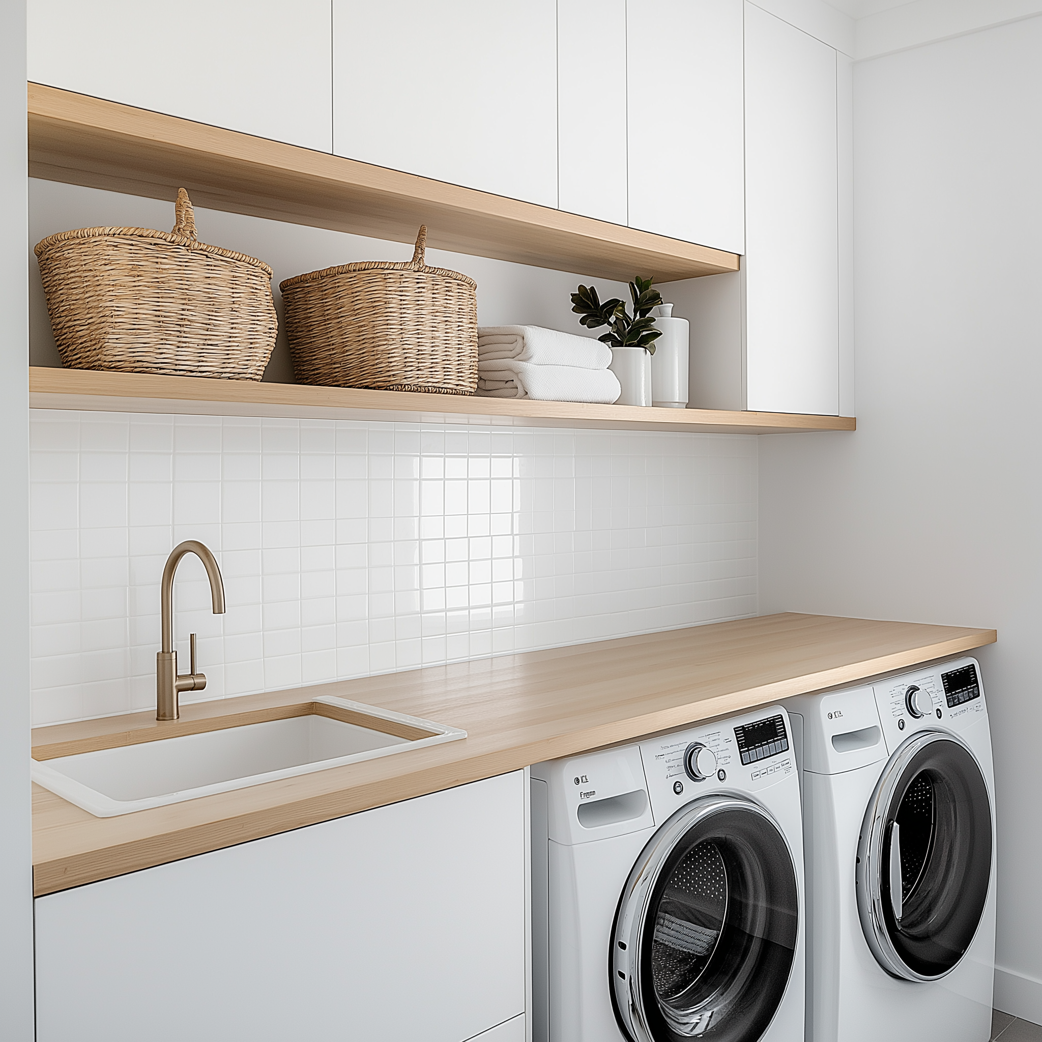 A minimalist laundry room featuring white cabinetry, warm wooden floating shelves, a white tile backsplash, wicker baskets, and an elegant brass faucet.