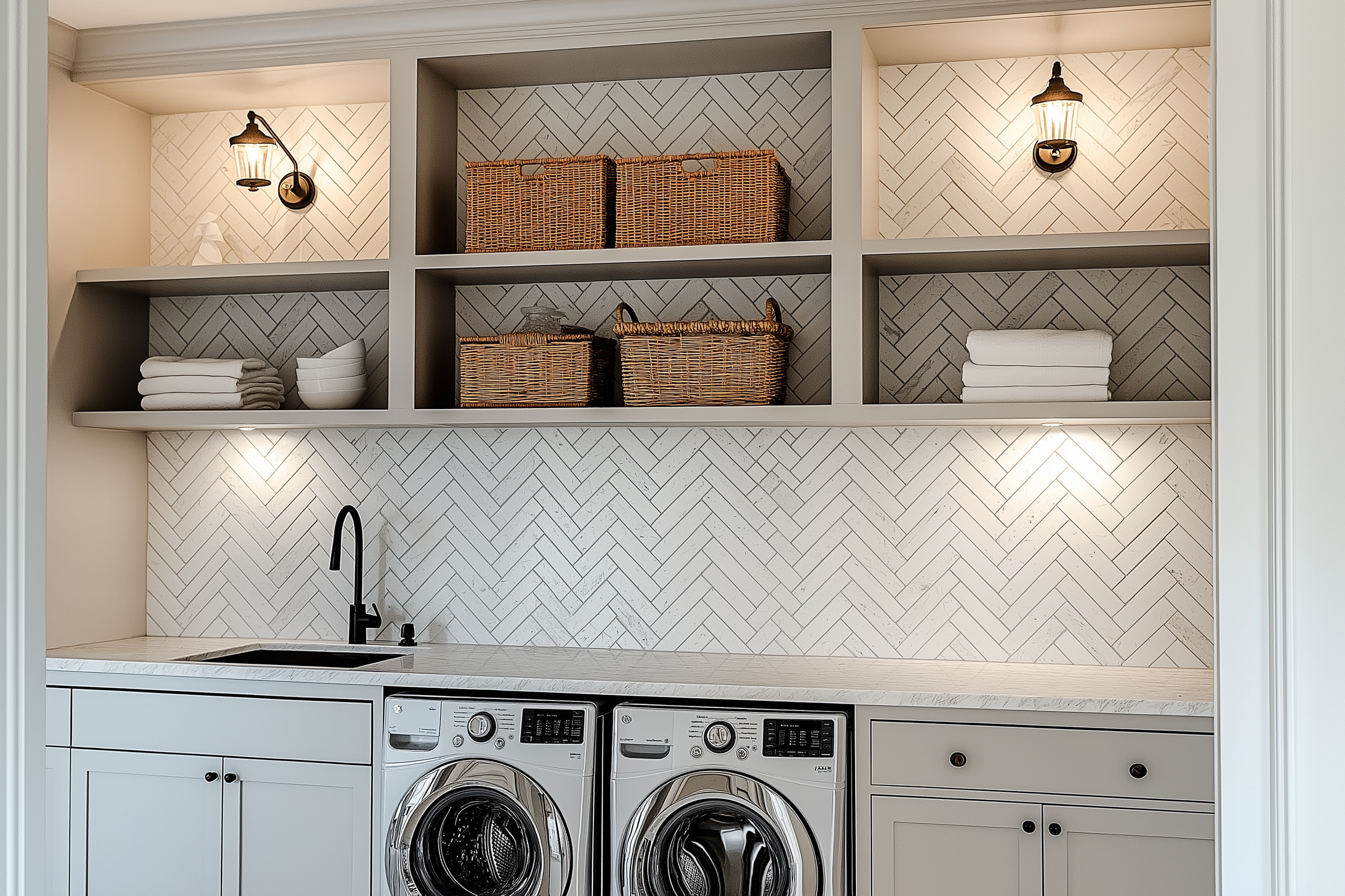 A luxurious laundry room featuring a herringbone tile backsplash, grey cabinetry, wicker baskets, ambient lighting from antique-style sconces, and a sleek black faucet.